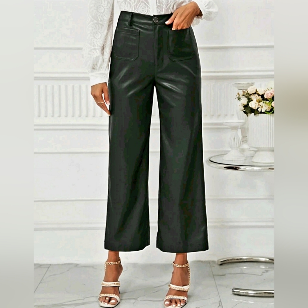 High Waist PU Leather Crop Wide Leg Pants - Picture 5 of 6